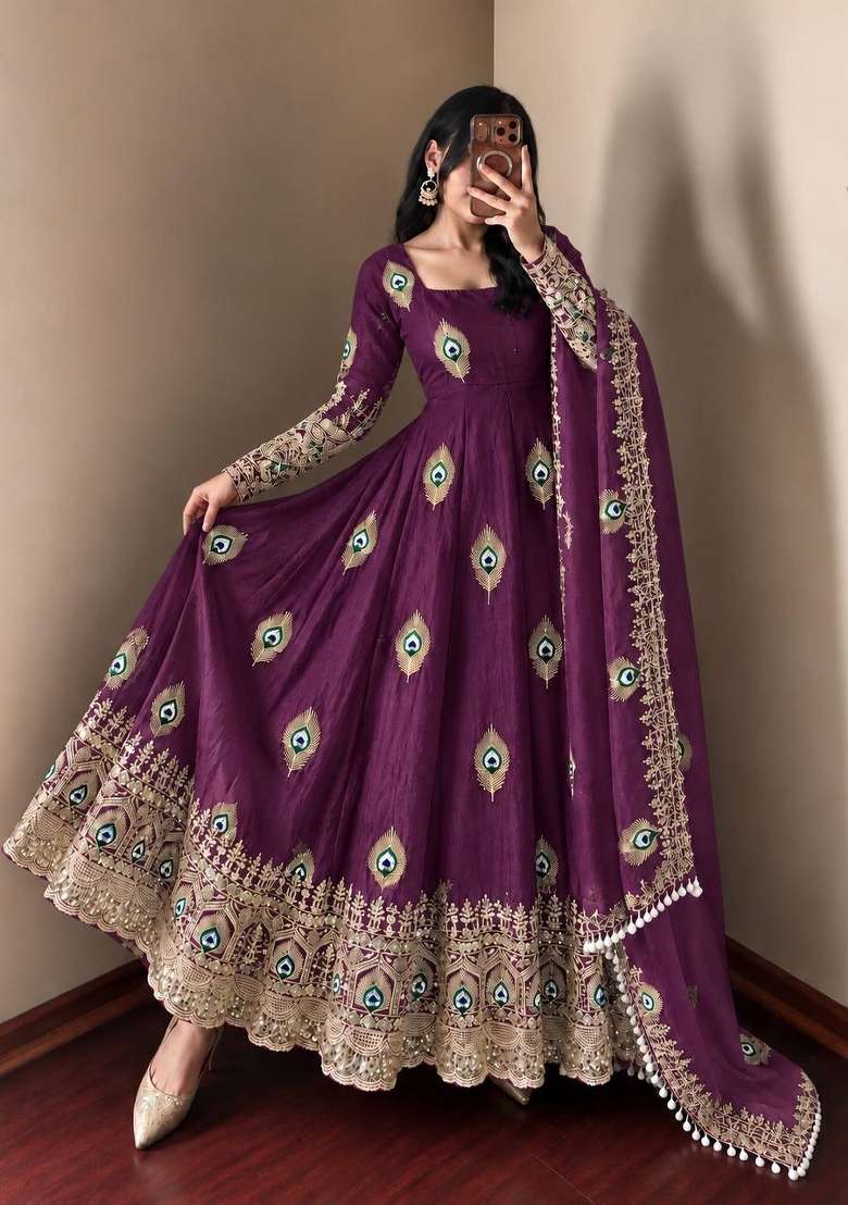 Purple Embroidery Fendi Gown Set - Indya