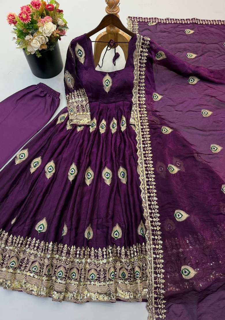 Purple Embroidery Fendi Gown Set - Indya