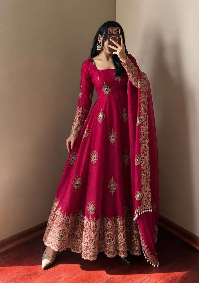 Rani Pink Embroidery Fendi Gown Set - Indya