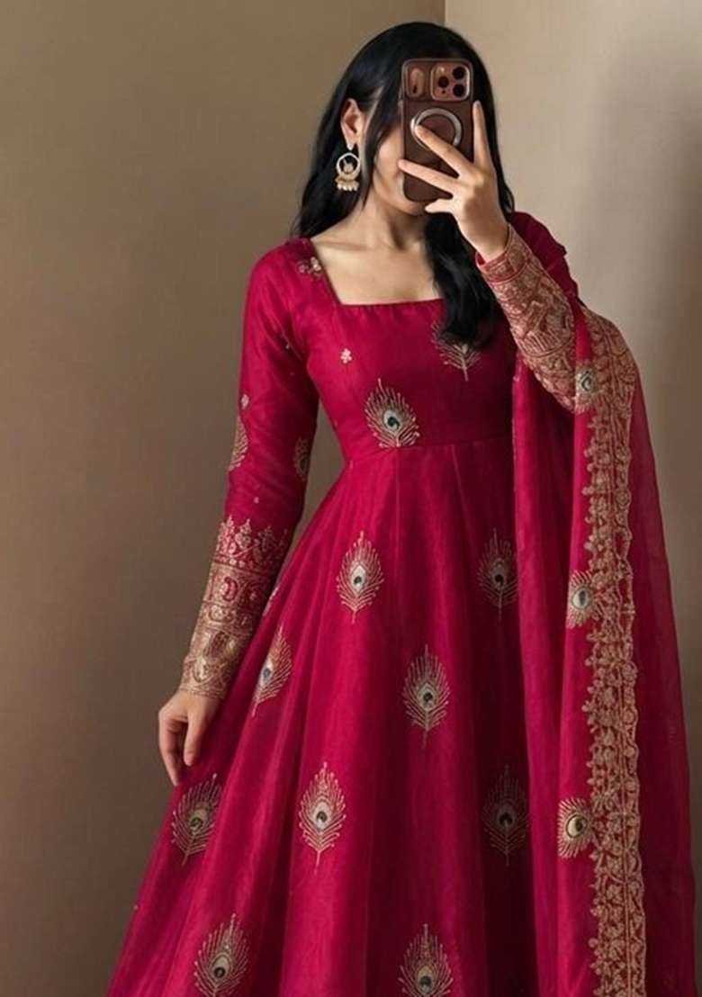 Rani Pink Embroidery Fendi Gown Set - Indya