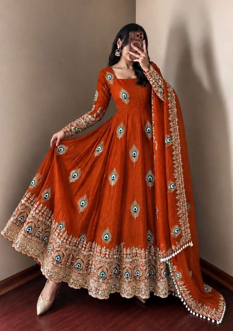 Rust Embroidery Fendi Gown Set - Indya