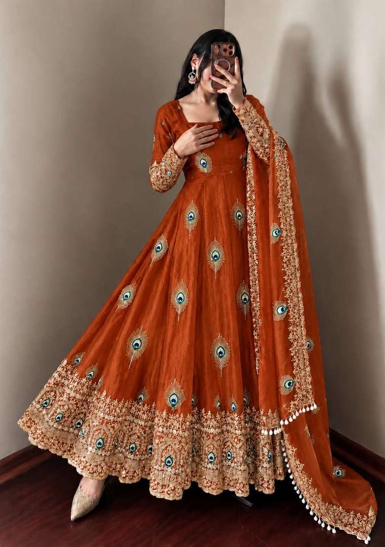Rust Embroidery Fendi Gown Set - Indya