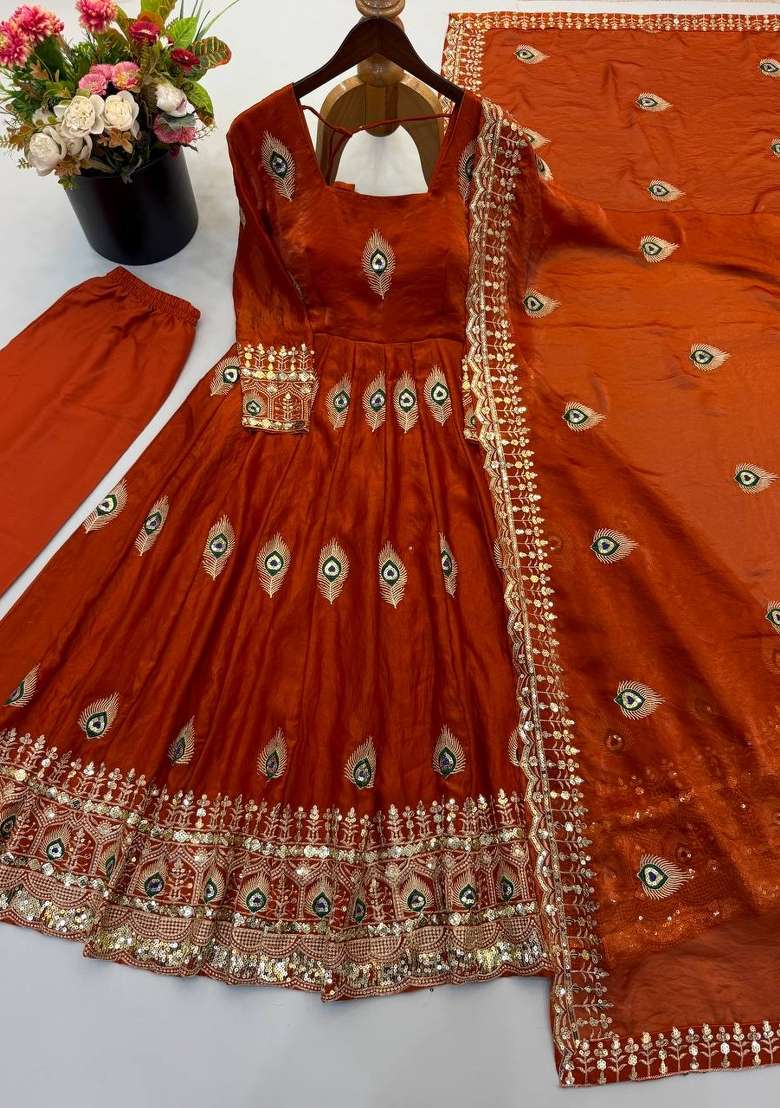 Rust Embroidery Fendi Gown Set - Indya