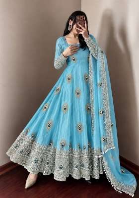 Sky Blue Embroidery Fendi Gown Set