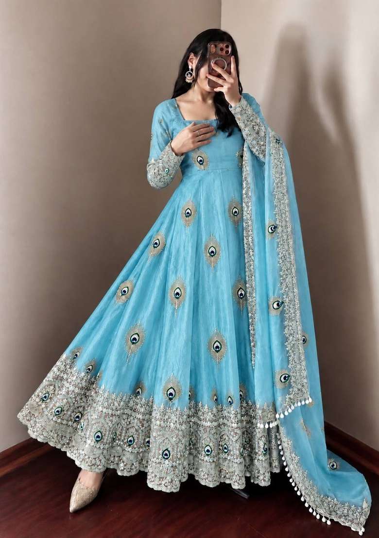 Sky Blue Embroidery Fendi Gown Set - Indya