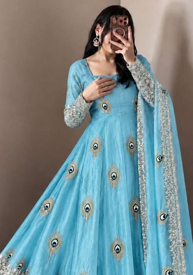 Sky Blue Embroidery Fendi Gown Set - Indya