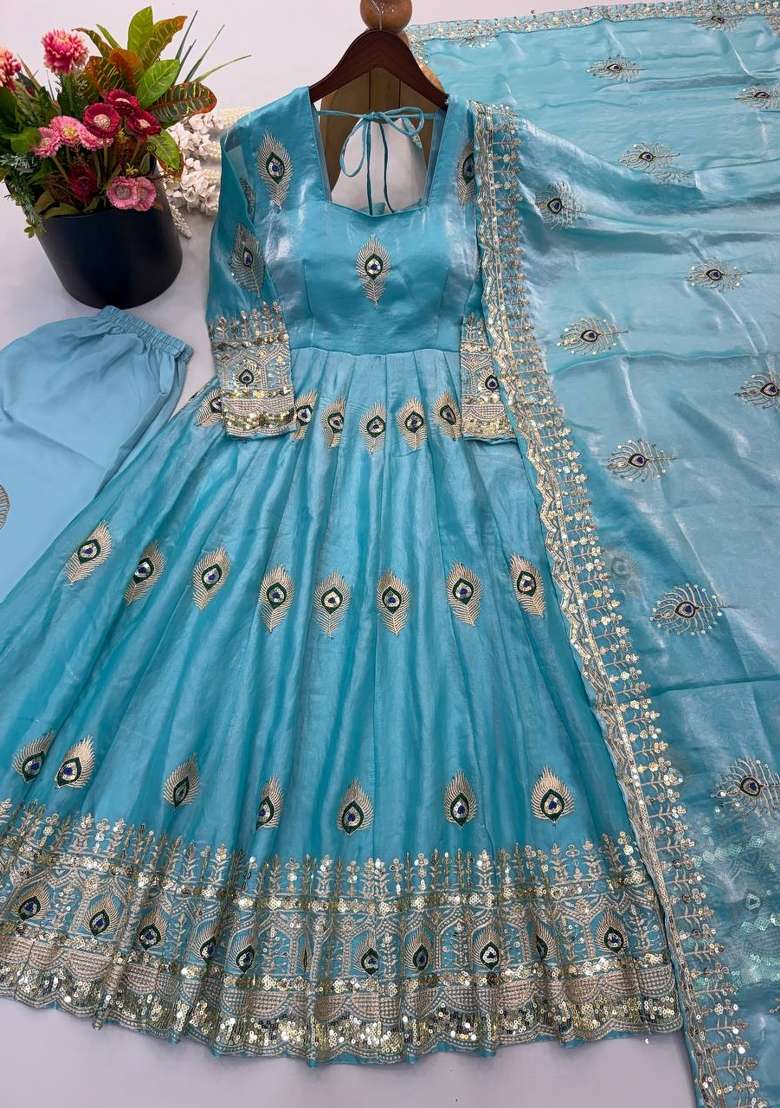 Sky Blue Embroidery Fendi Gown Set - Indya