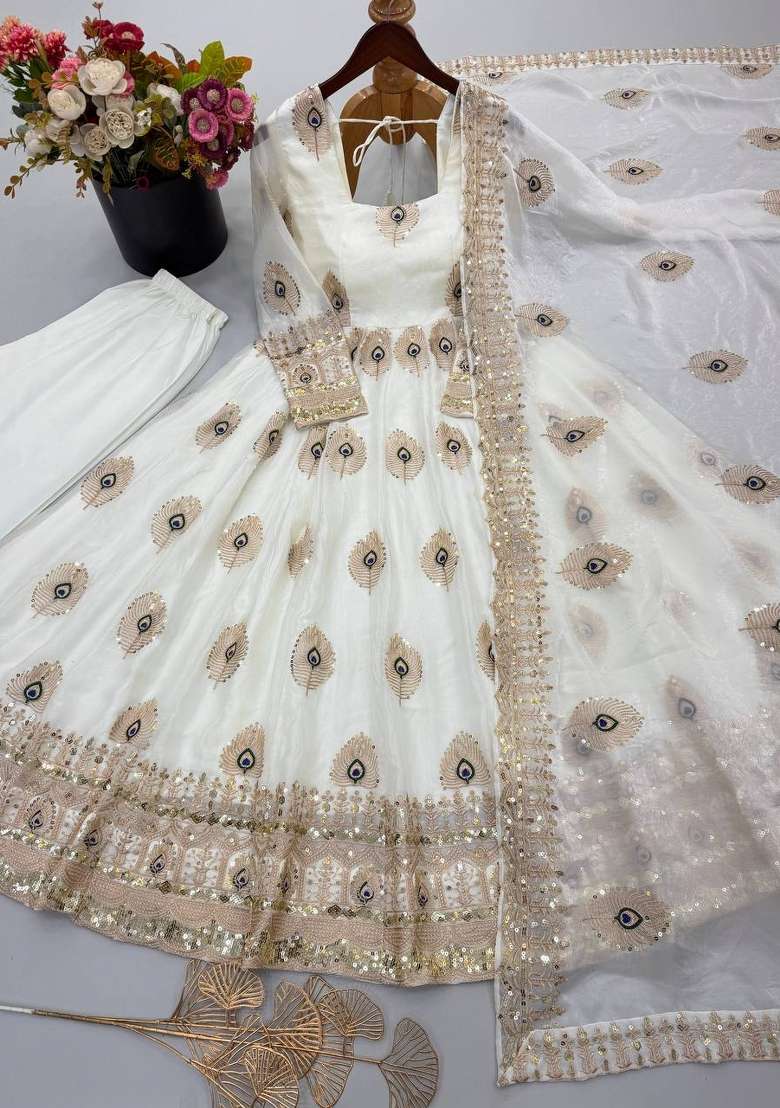 White Embroidery Fendi Gown Set - Indya