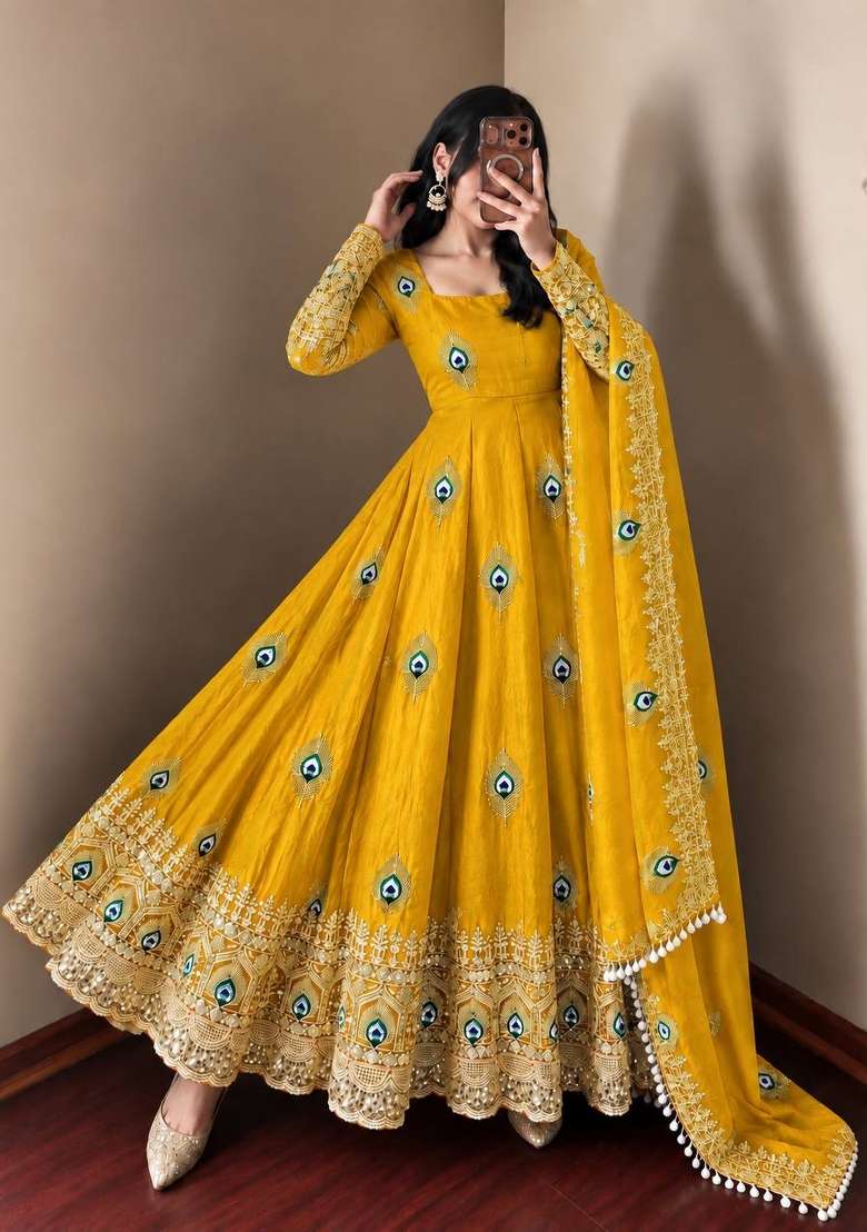 Yellow Embroidery Fendi Gown Set - Indya