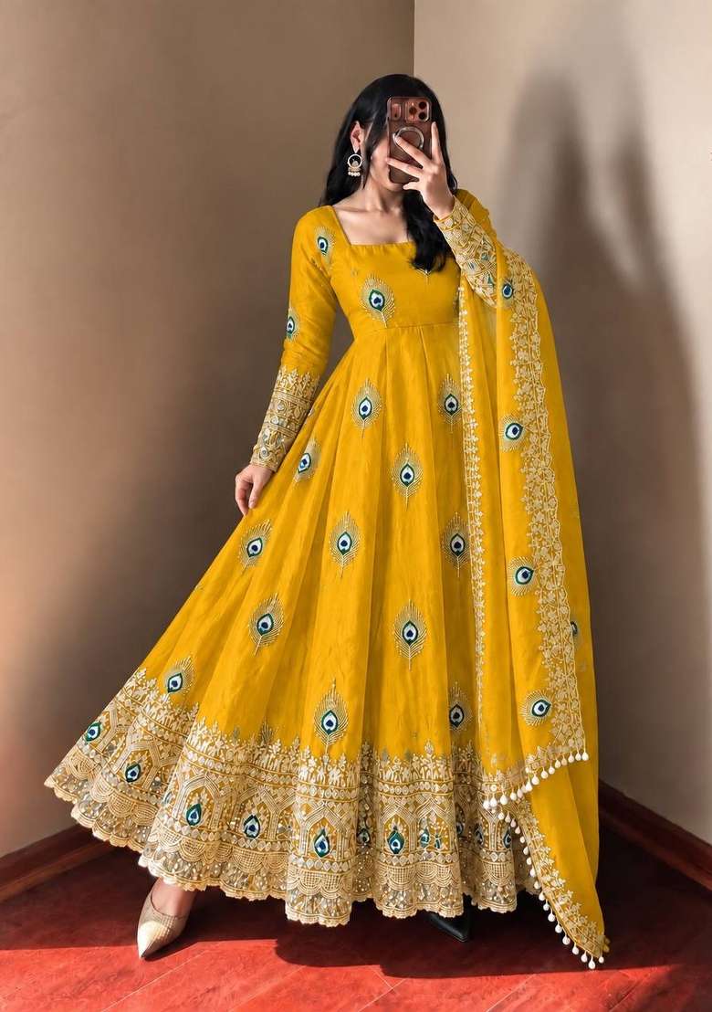 Yellow Embroidery Fendi Gown Set - Indya