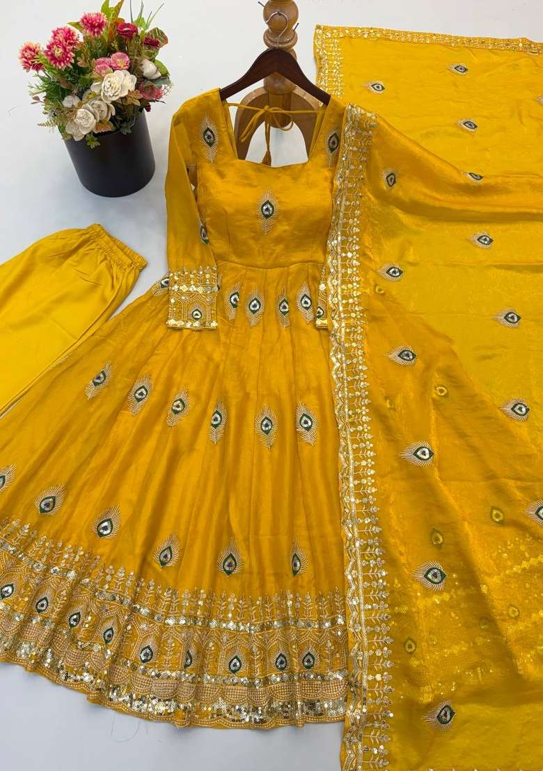 Yellow Embroidery Fendi Gown Set - Indya