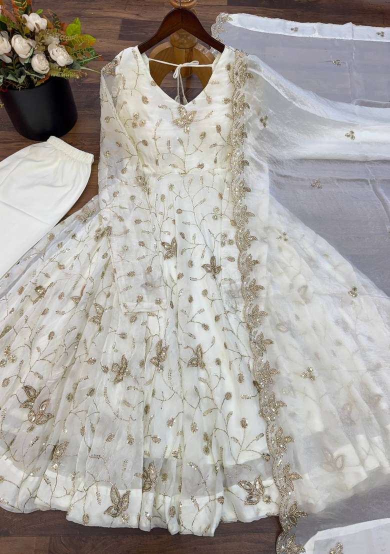 White Embroidery Fendi Gown Set - Indya