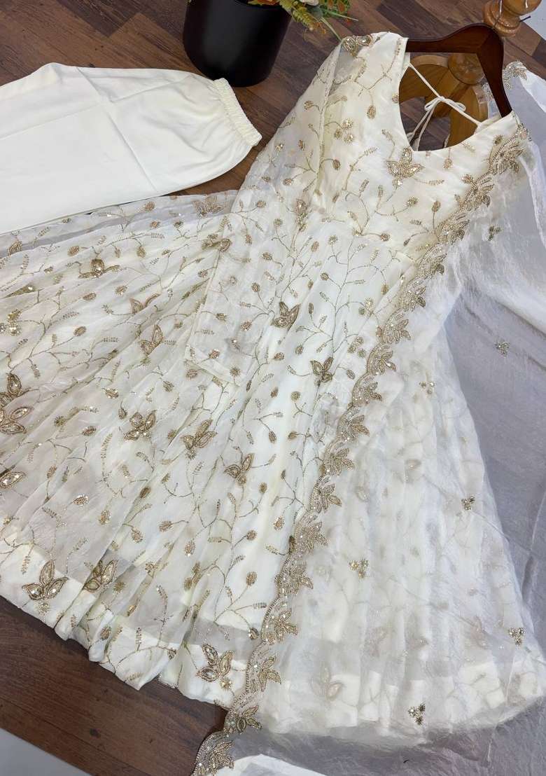 White Embroidery Fendi Gown Set - Indya