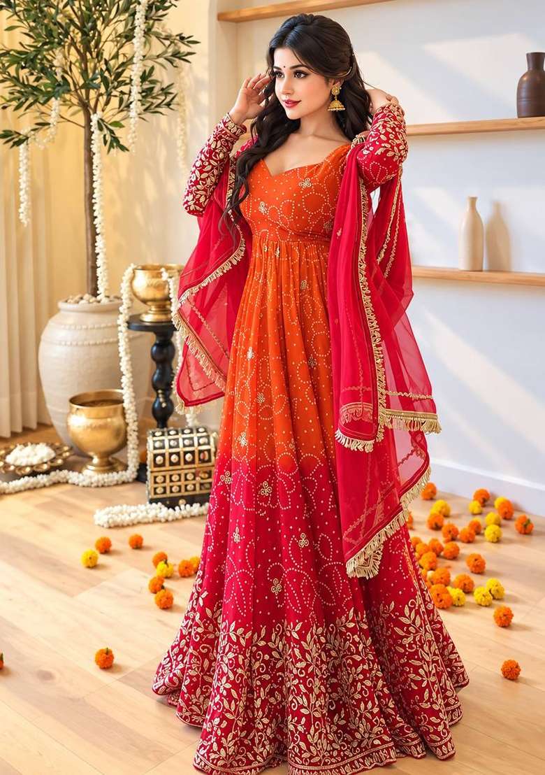 Orange Embroidery Georgette Gown Set - Indya