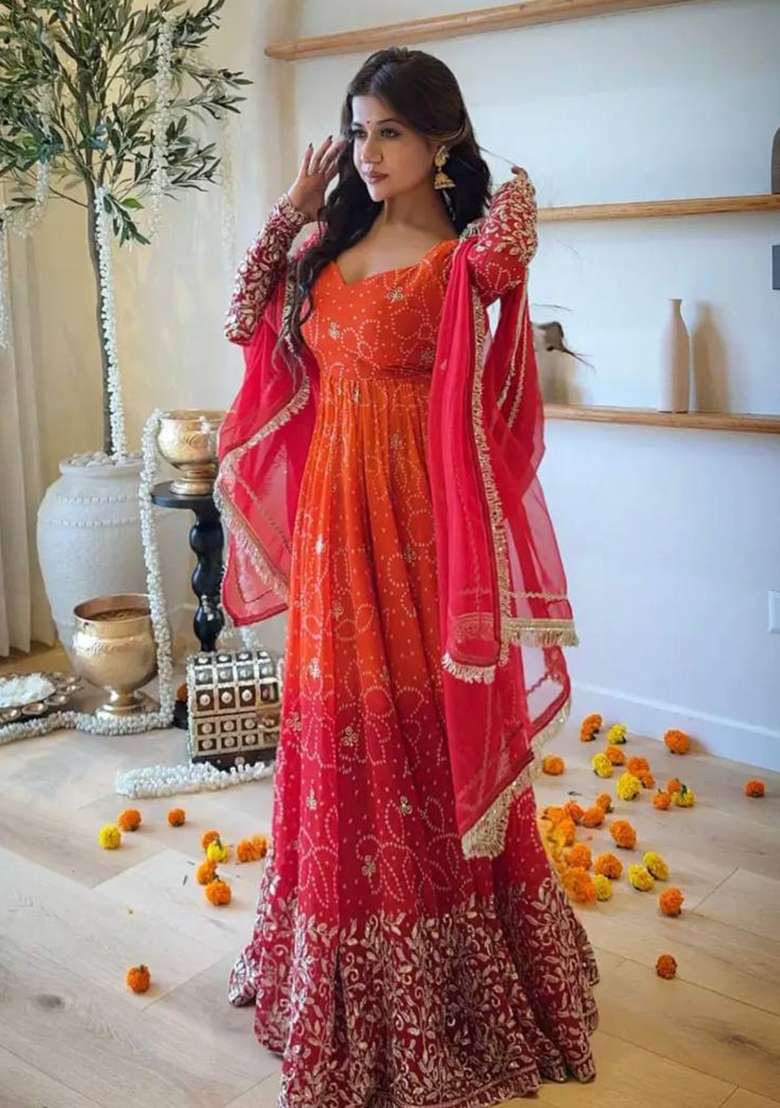 Orange Embroidery Georgette Gown Set - Indya