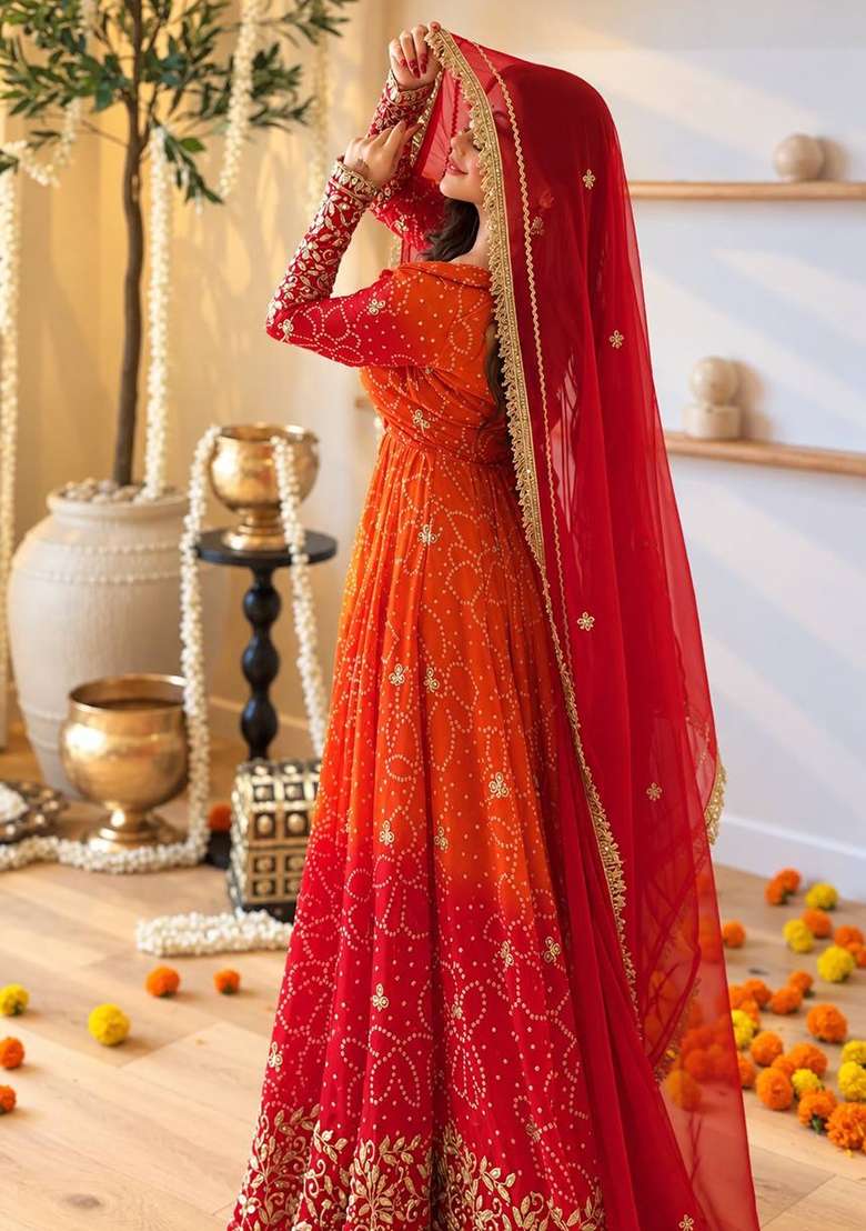Orange Embroidery Georgette Gown Set - Indya
