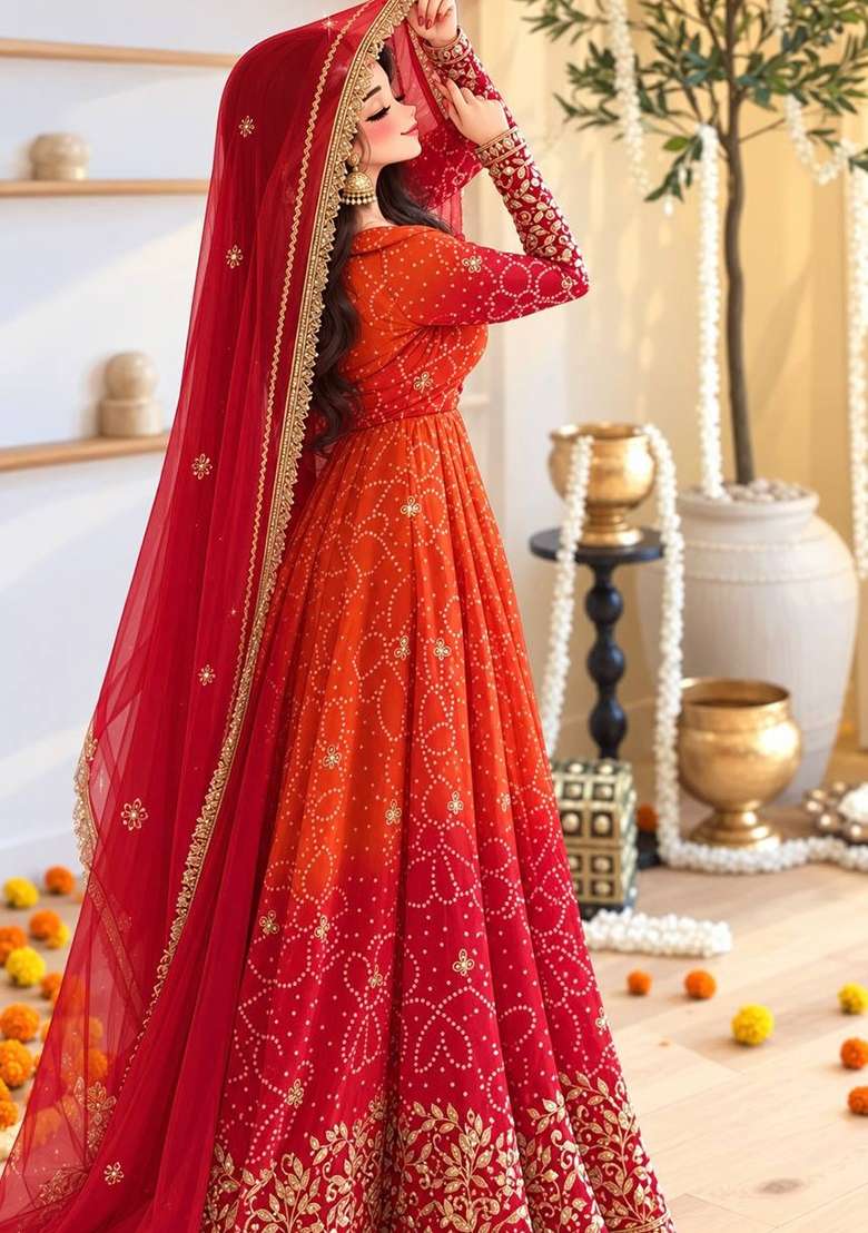 Orange Embroidery Georgette Gown Set - Indya