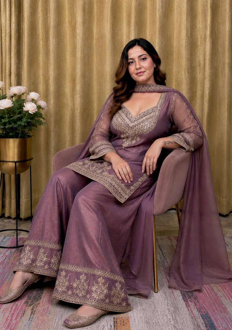 Lavender Embroidery Crunchy Palazzo Set - Indya