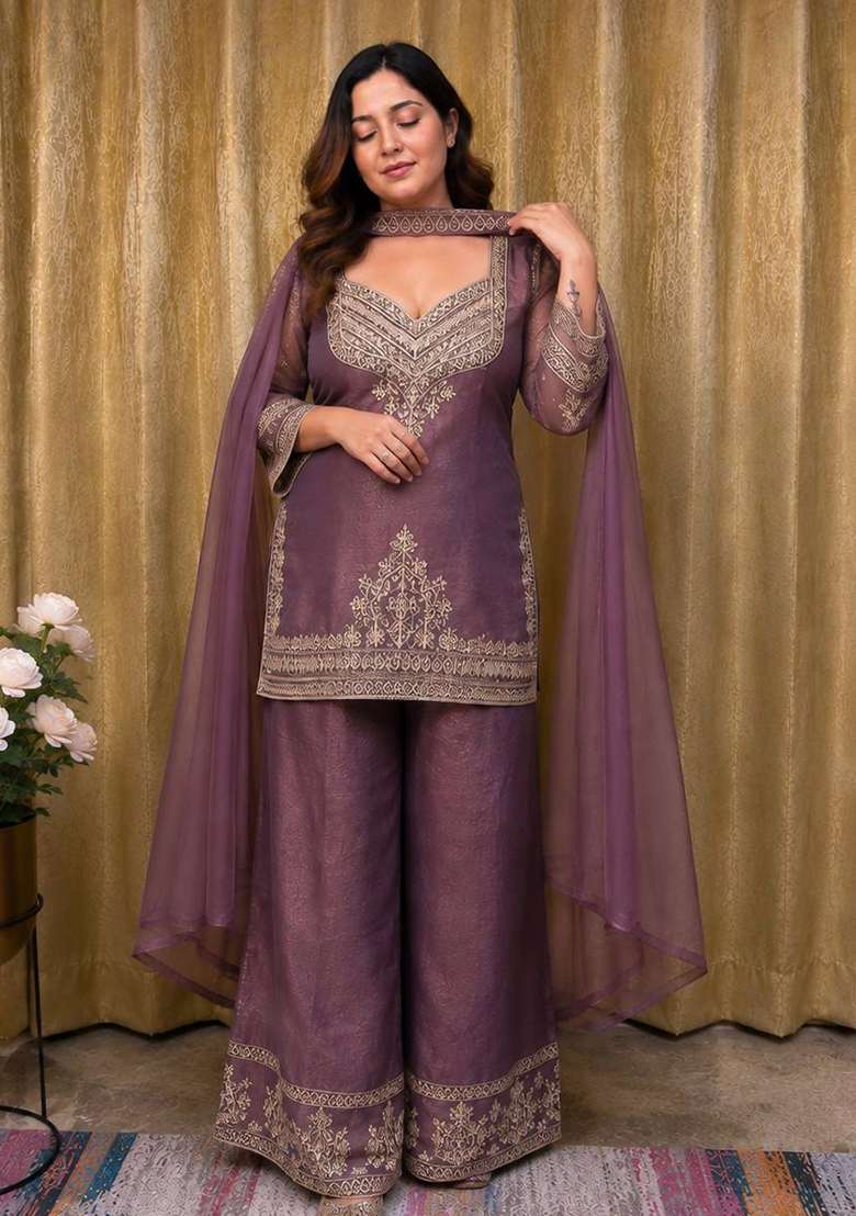 Lavender Embroidery Crunchy Palazzo Set - Indya