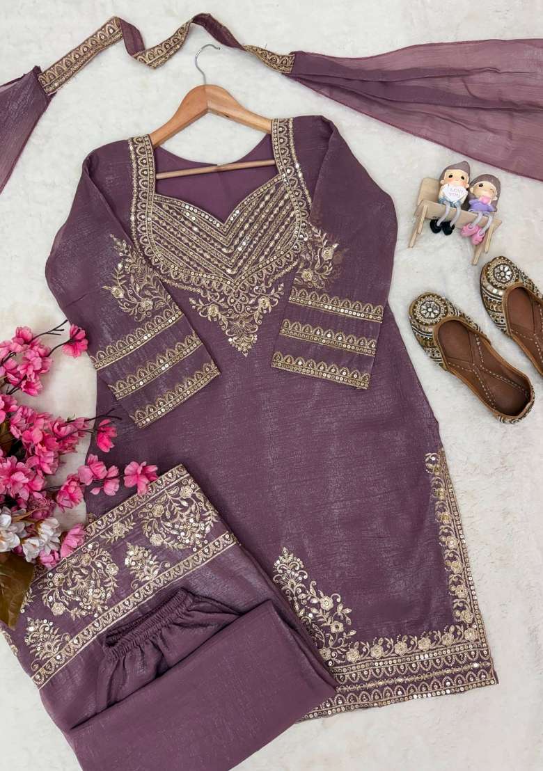 Lavender Embroidery Crunchy Palazzo Set - Indya