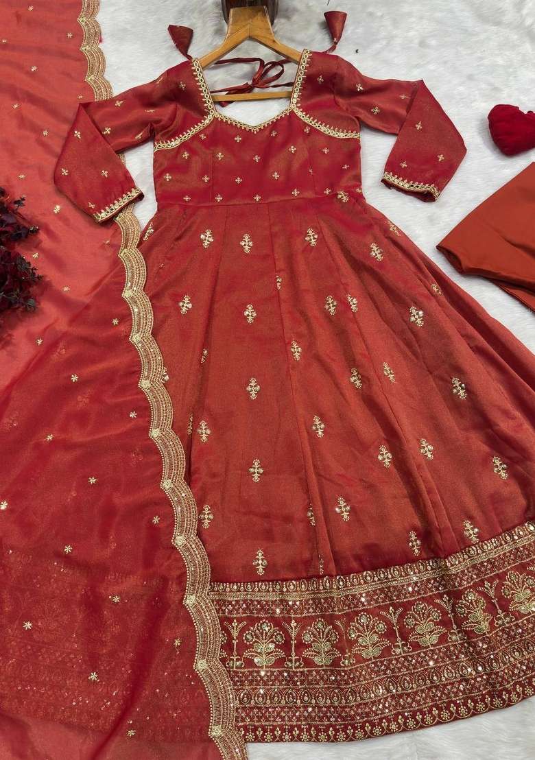 Rust Embroidery  Gown Set - Indya