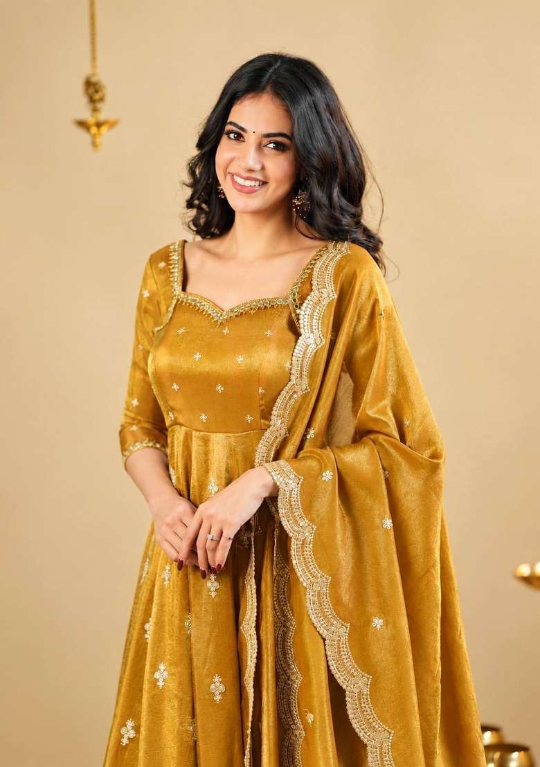 Yellow Embroidery  Gown Set - Indya