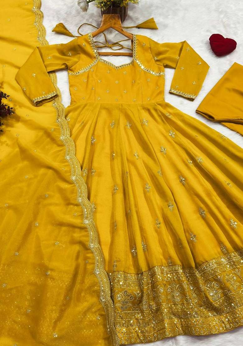 Yellow Embroidery  Gown Set - Indya