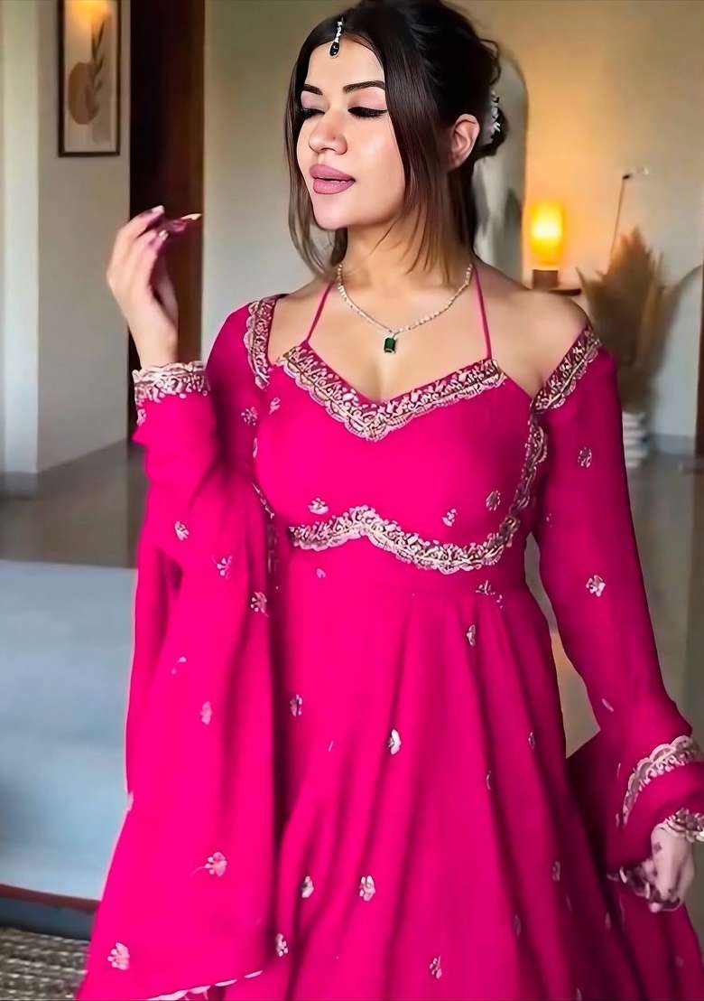 Pink Embroidery  Gown Set - Indya