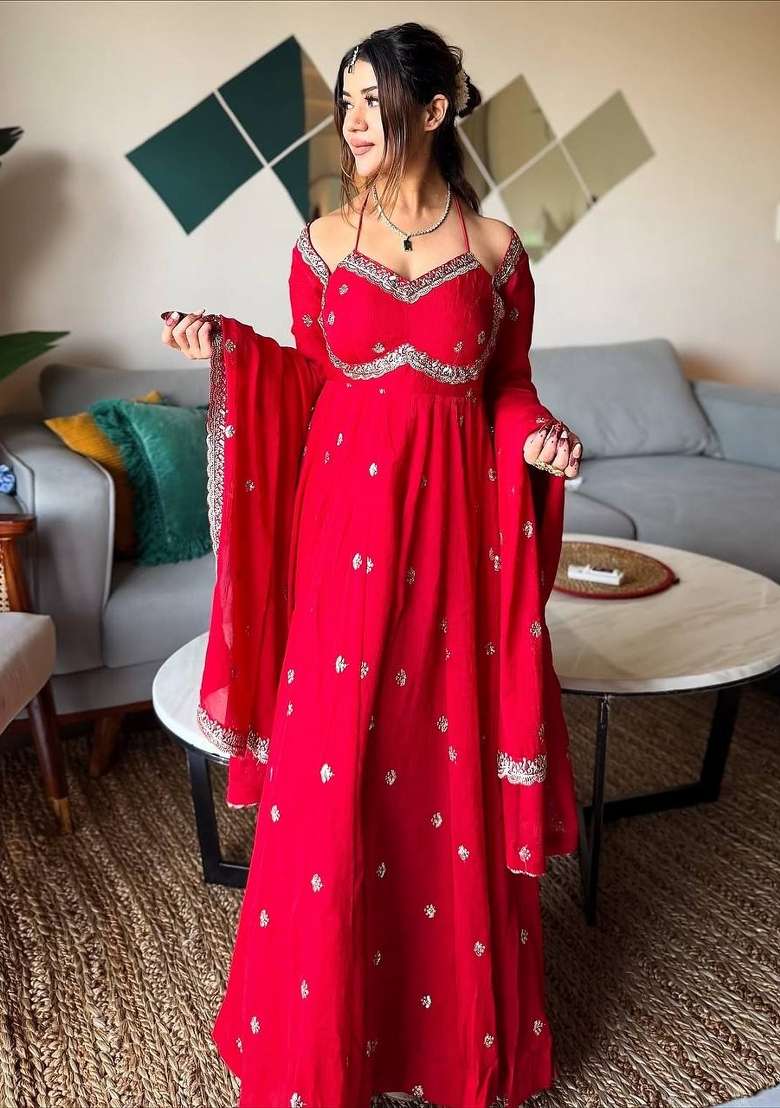 Red Embroidery  Gown Set - Indya