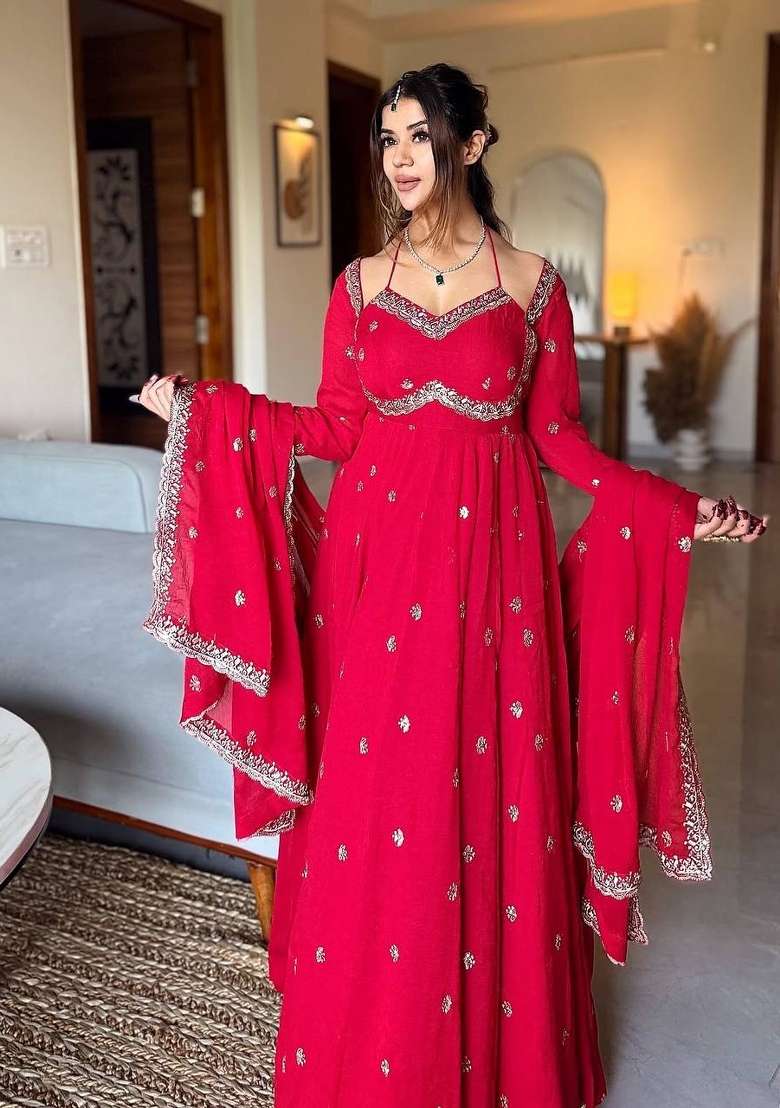 Red Embroidery  Gown Set - Indya