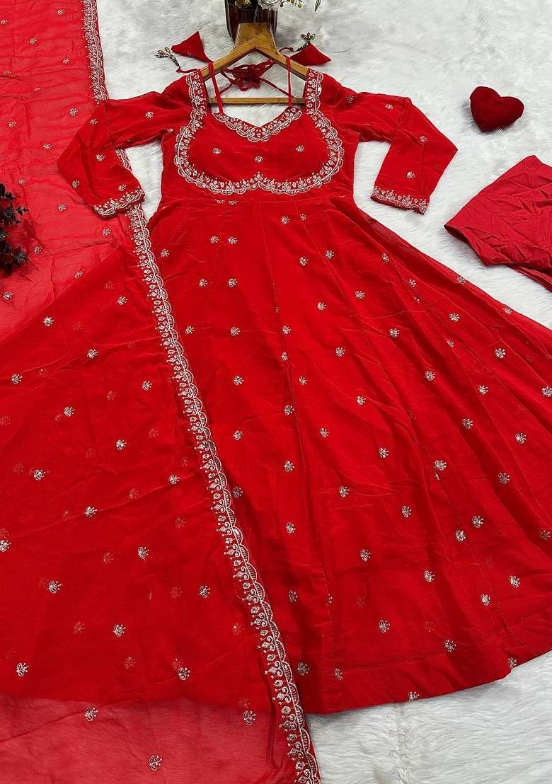 Red Embroidery  Gown Set - Indya