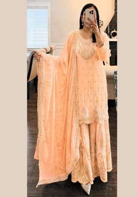 Peach Embroidery Georgette Gown Set