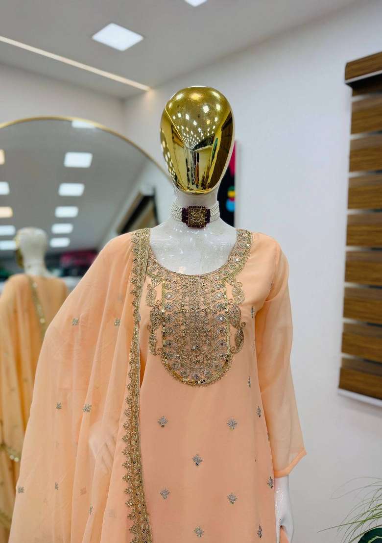 Peach Embroidery Georgette Gown Set - Indya
