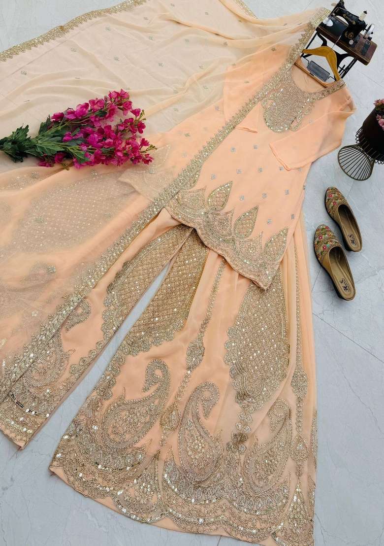 Peach Embroidery Georgette Gown Set - Indya