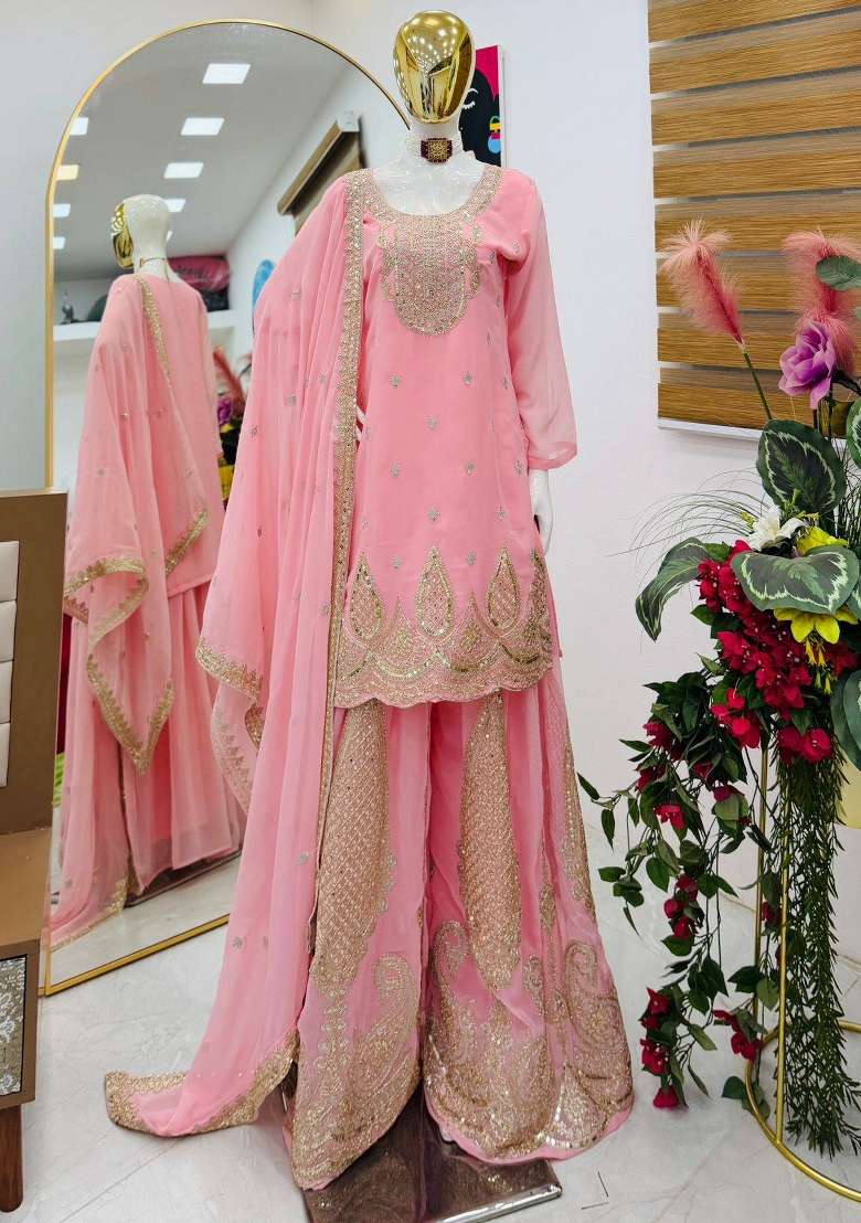 Pink Embroidery Georgette Gown Set - Indya