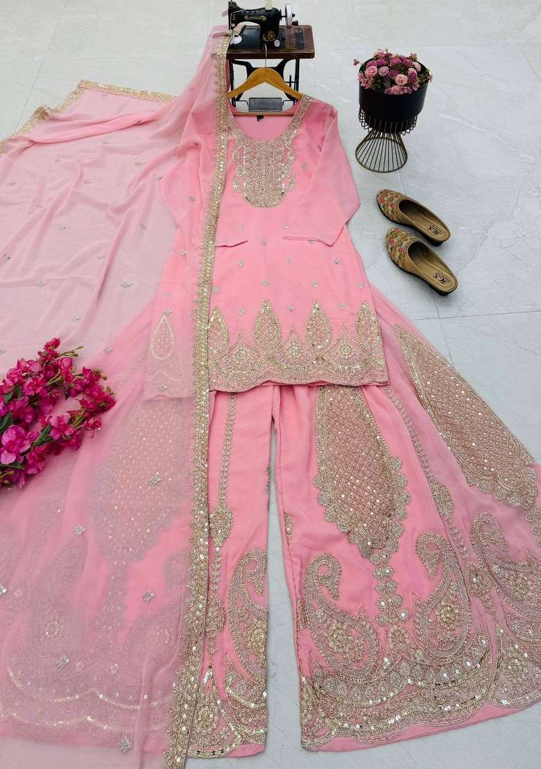 Pink Embroidery Georgette Gown Set - Indya
