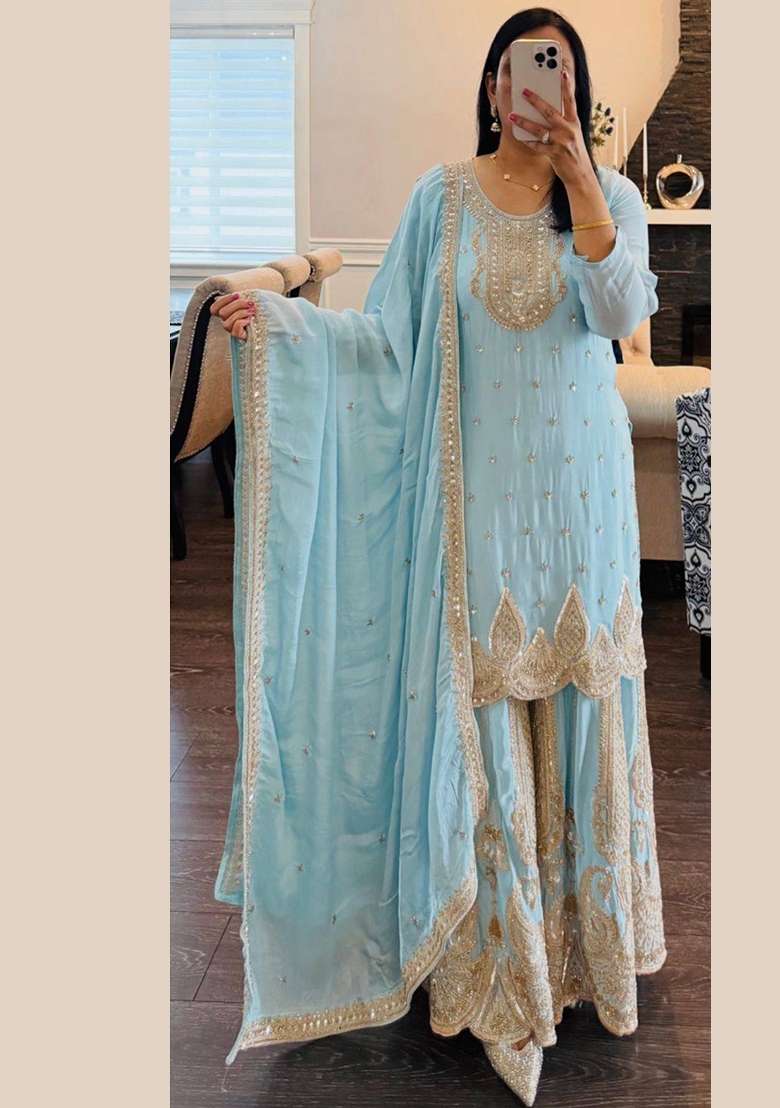 Sky Blue Embroidery Georgette Gown Set - Indya