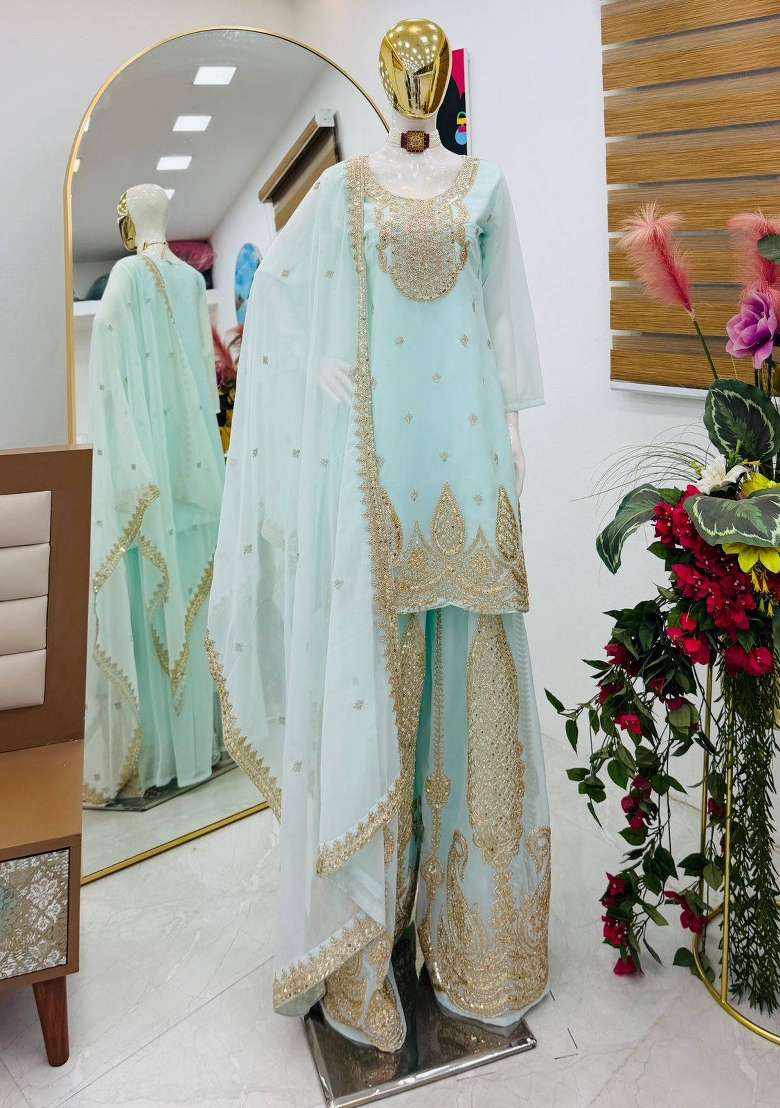 Sky Blue Embroidery Georgette Gown Set - Indya