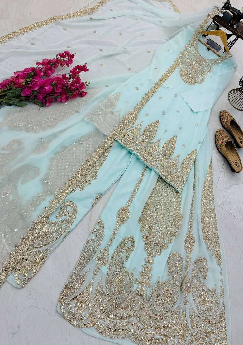 Sky Blue Embroidery Georgette Gown Set - Indya