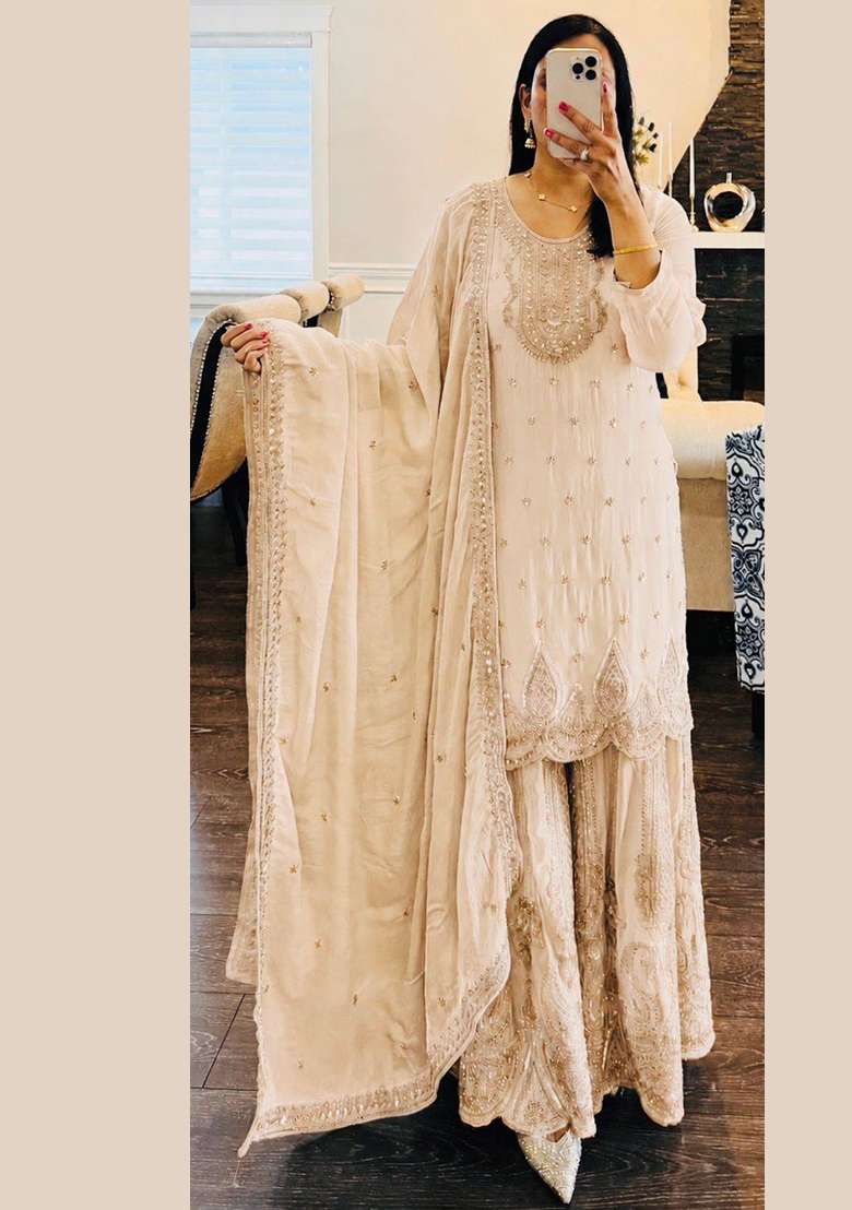 White Embroidery Georgette Gown Set - Indya