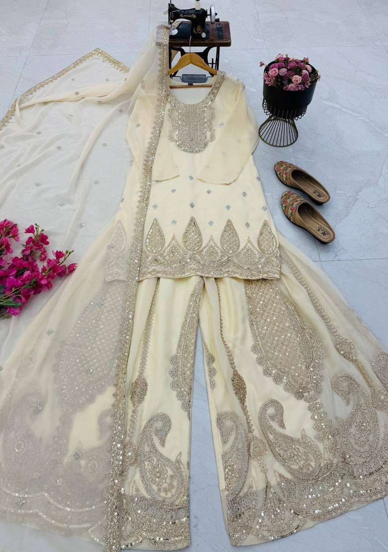 White Embroidery Georgette Gown Set - Indya