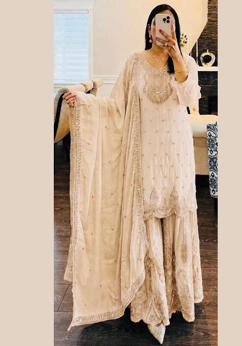 White Embroidery Georgette Gown Set