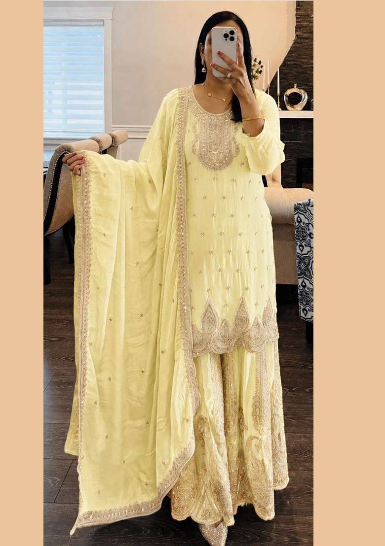 Yellow Embroidery Georgette Gown Set - Indya