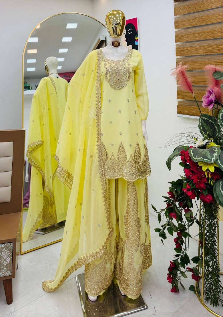 Yellow Embroidery Georgette Gown Set - Indya