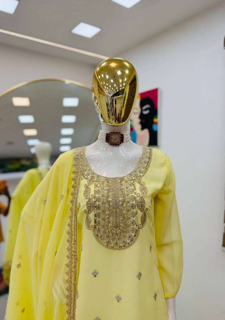 Yellow Embroidery Georgette Gown Set - Indya
