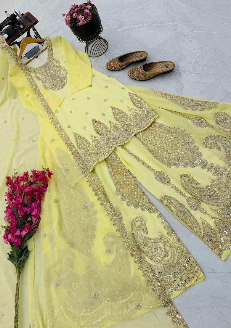 Yellow Embroidery Georgette Gown Set - Indya