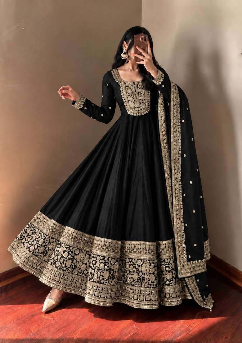 Black Embroidery Roman Gown Set - Indya
