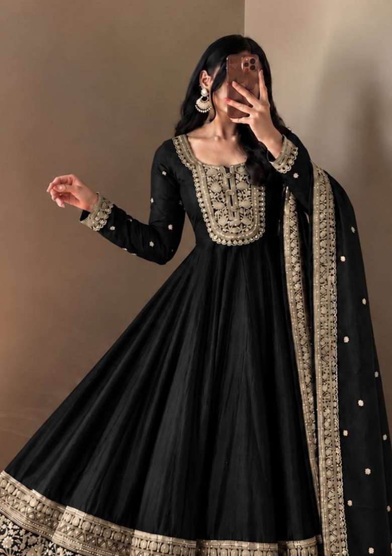 Black Embroidery Roman Gown Set - Indya
