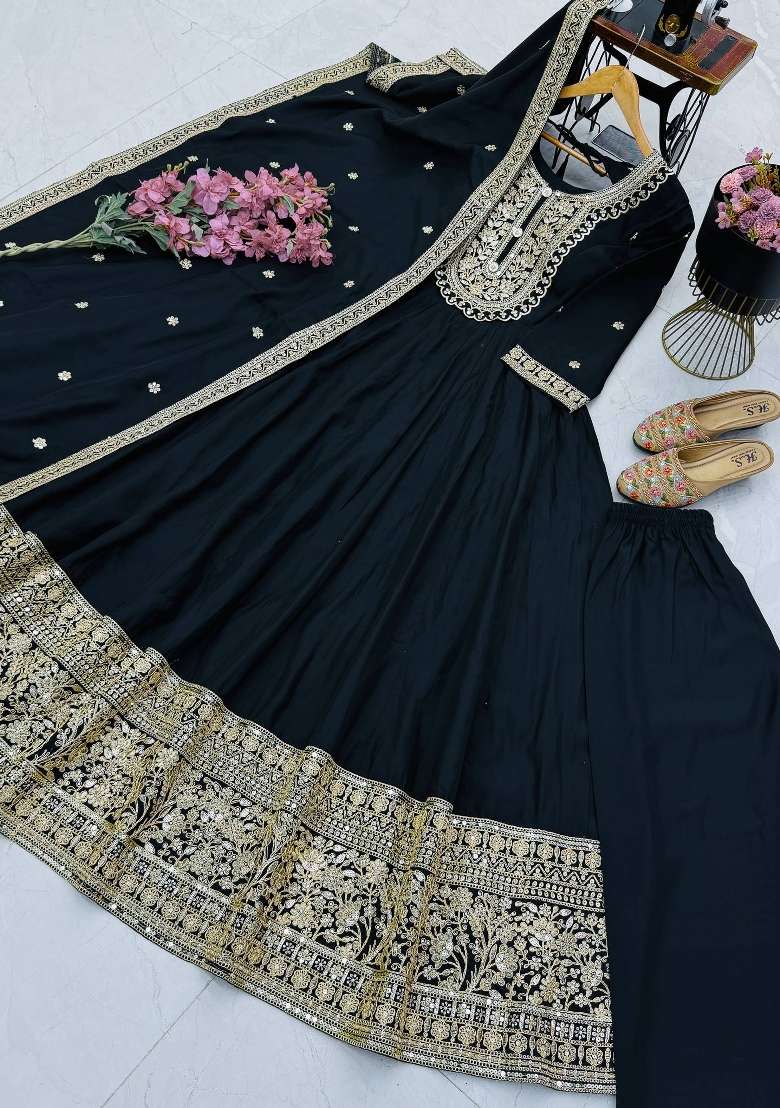 Black Embroidery Roman Gown Set - Indya