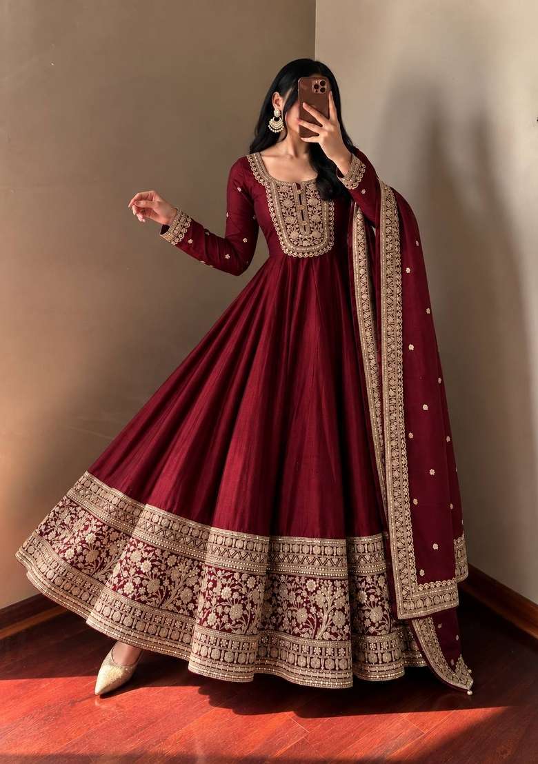 Maroon Embroidery Roman Gown Set - Indya
